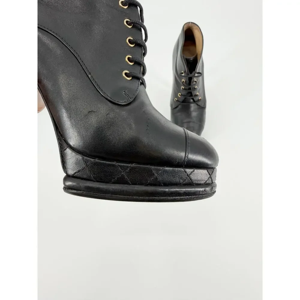 Chanel 2012 Archival Quilted Leather CC Lace Up Platform Booties Size 37 EU 6.5